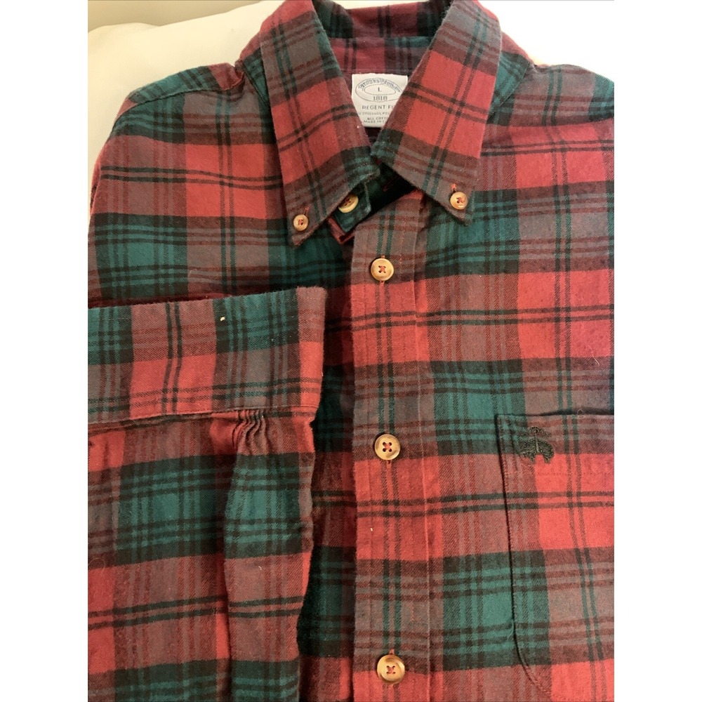 Brooks Brothers Regent Fit LS Plaid Red Collar Button Pocket‎ Logo Men's L